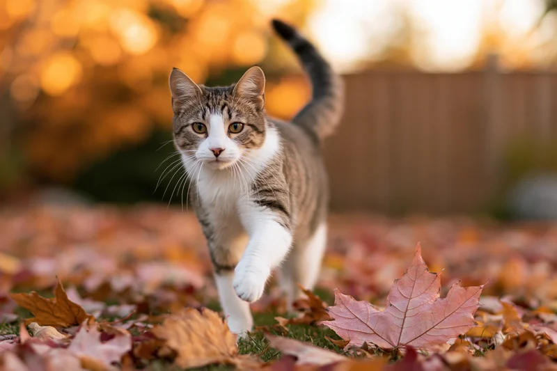Tabby and white cat walking across a backyard lawn covered in autumn leaves