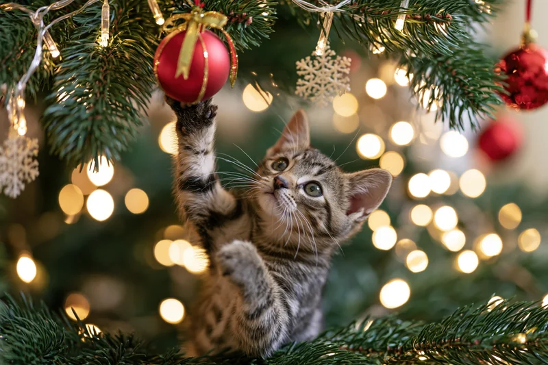 Young tabby kitten reaching for a red ornament inside a decorated christmas tree