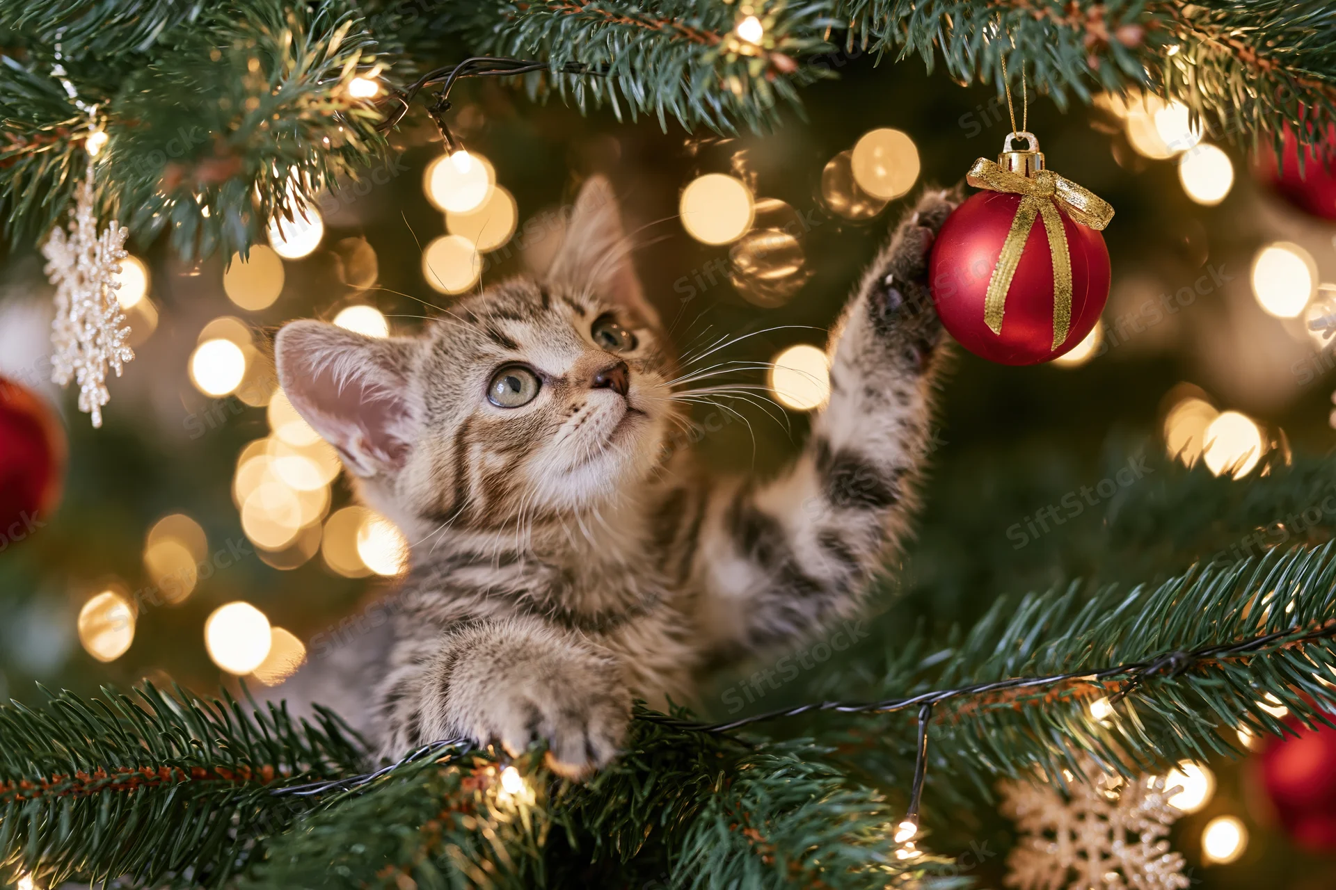 Young tabby kitten reaching for a red ornament inside a decorated christmas tree