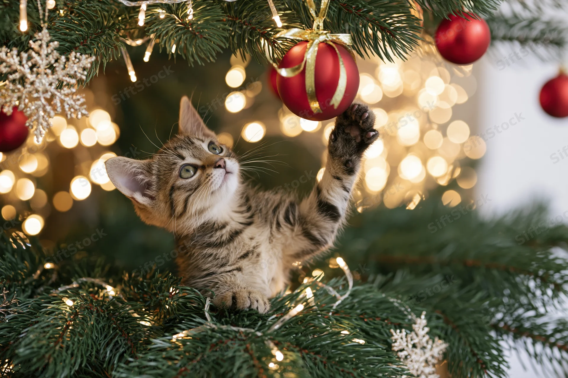 Young tabby kitten reaching for a red ornament inside a decorated christmas tree