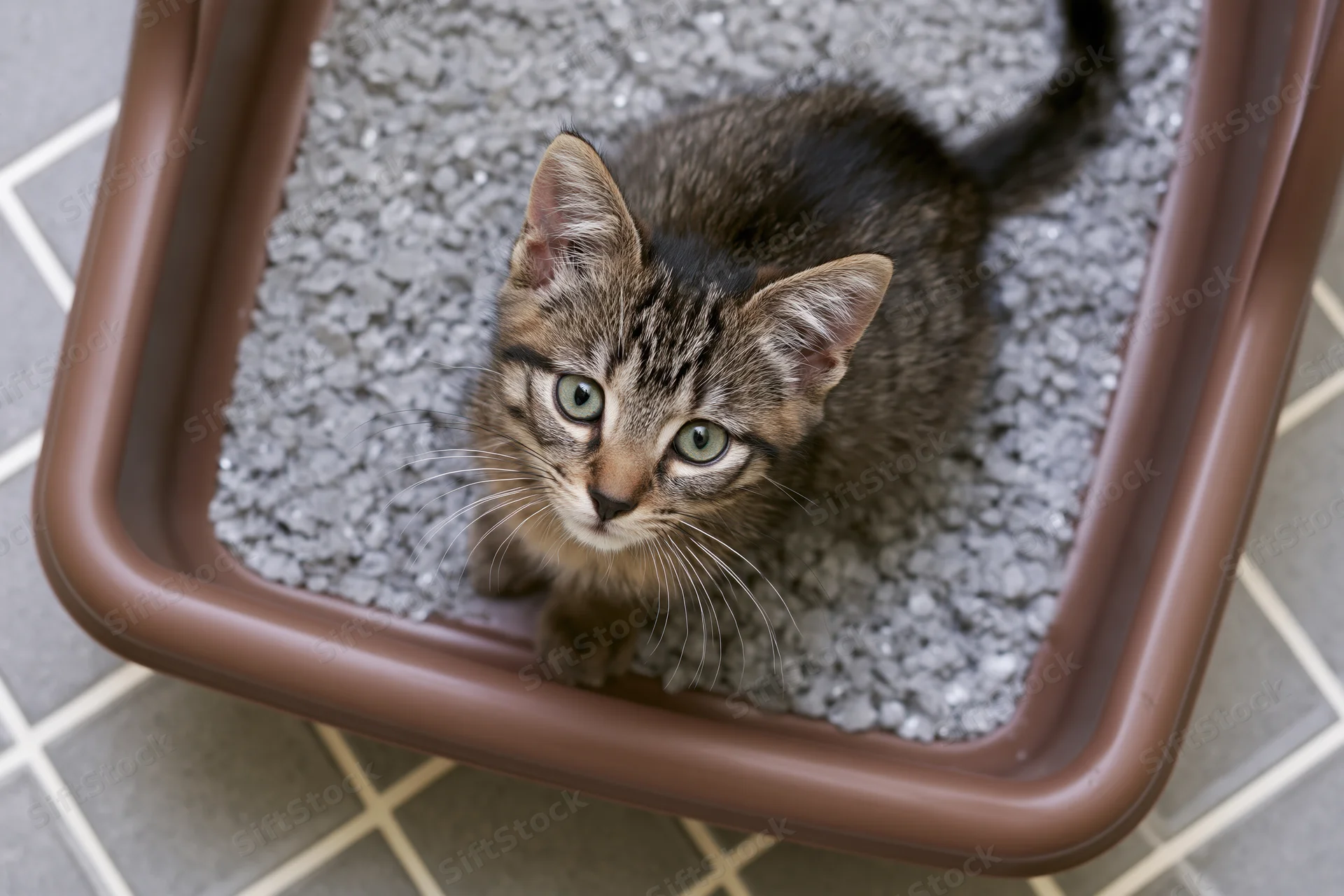 Young tabby kitten sitting inside a brown plastic litter box on tiled floor