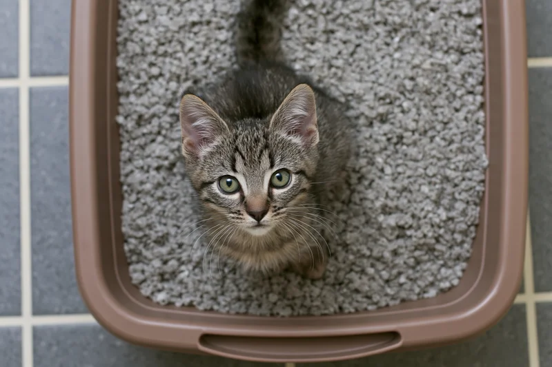 Young tabby kitten sitting inside a brown plastic litter box on tiled floor