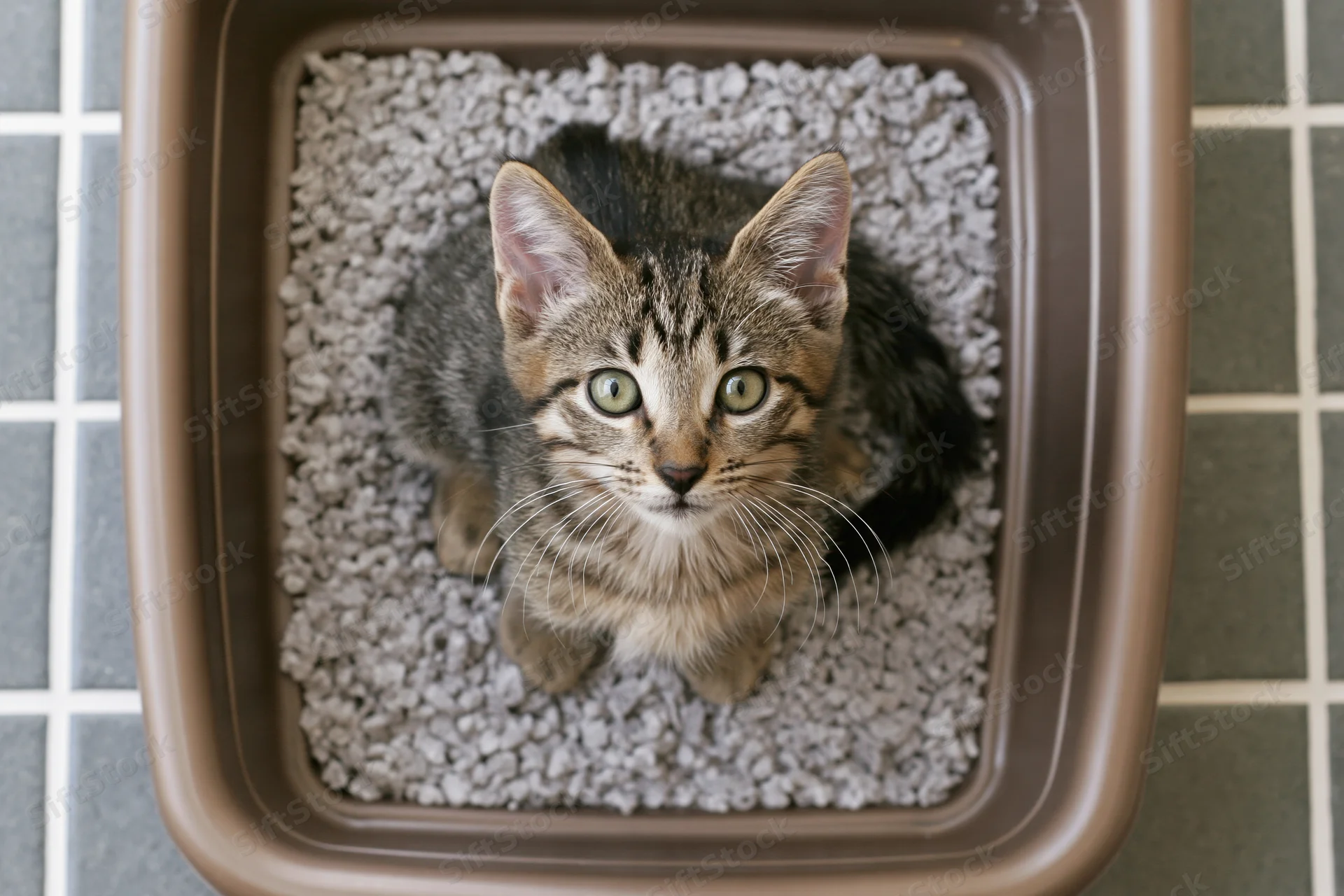 Young tabby kitten sitting inside a brown plastic litter box looking up from overhead view