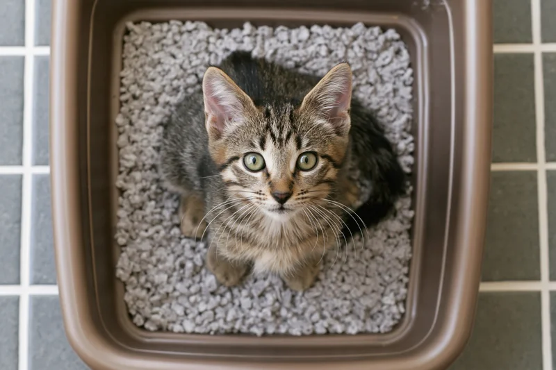 Young tabby kitten sitting inside a brown plastic litter box looking up from overhead view