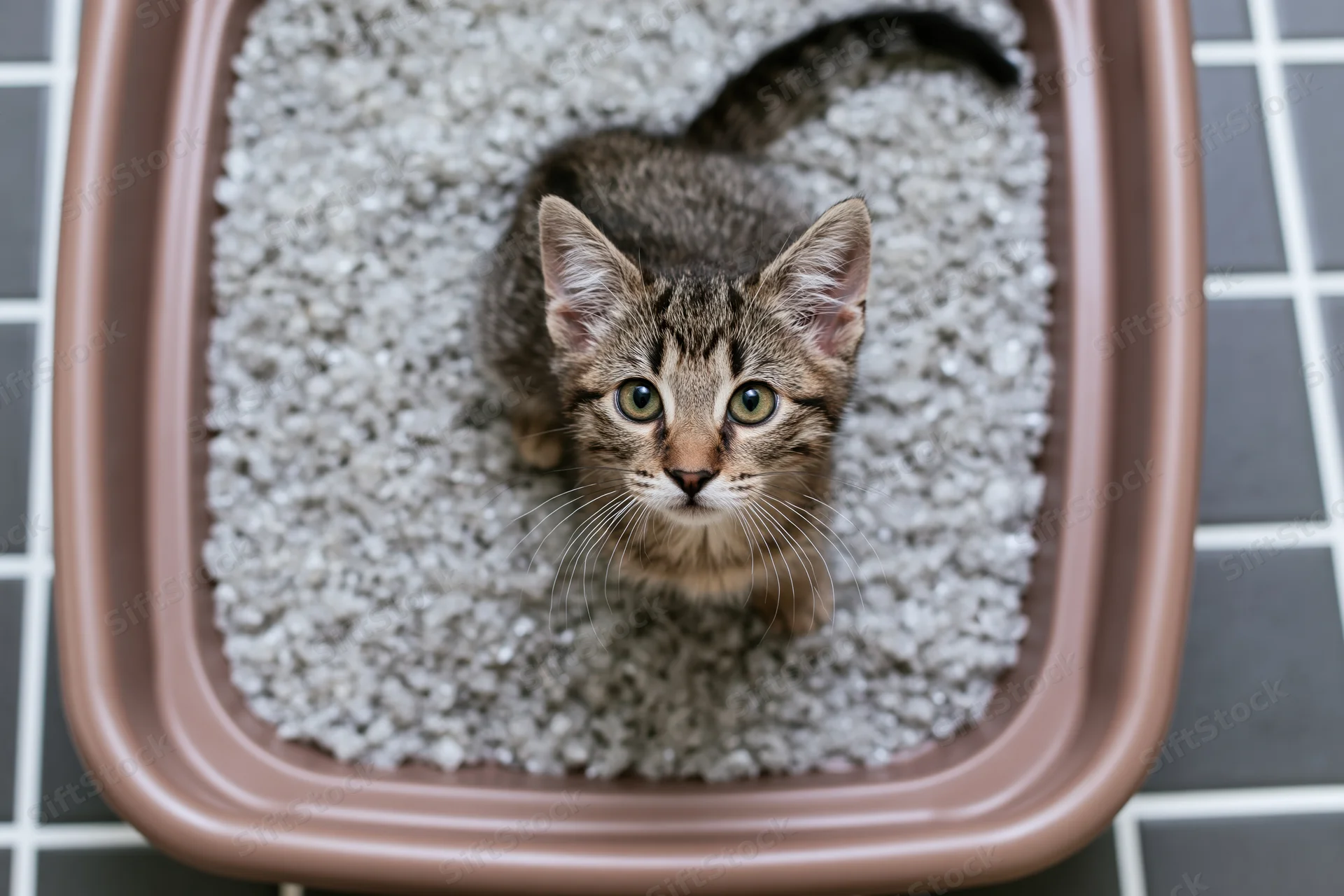 Young tabby kitten sitting inside a brown plastic litter box on tiled floor, viewed from above