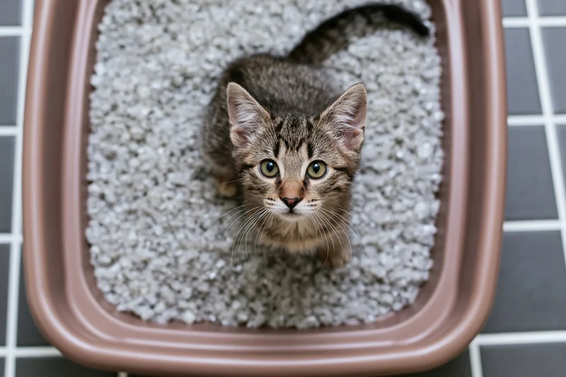 Young tabby kitten sitting inside a brown plastic litter box on tiled floor, viewed from above