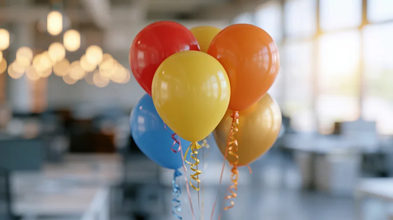 Colorful balloons floating in a modern office interior with blurred background and ceiling lights