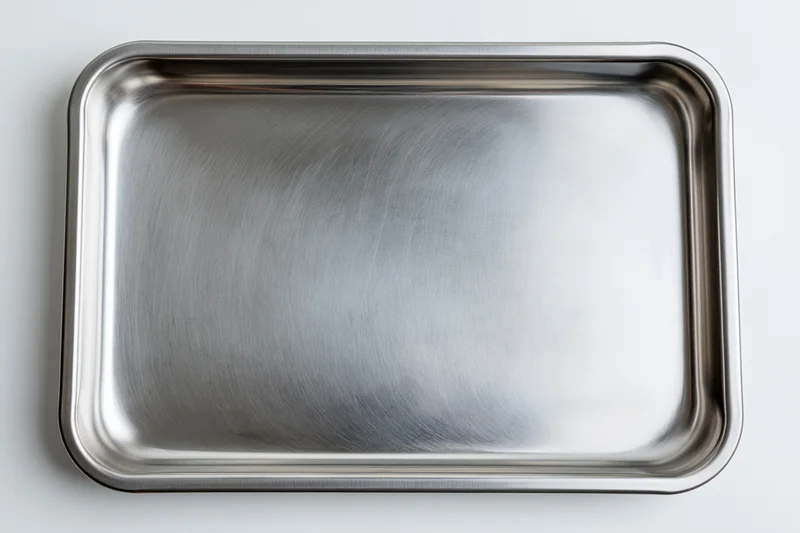 Stainless steel tray viewed from above on white surface
