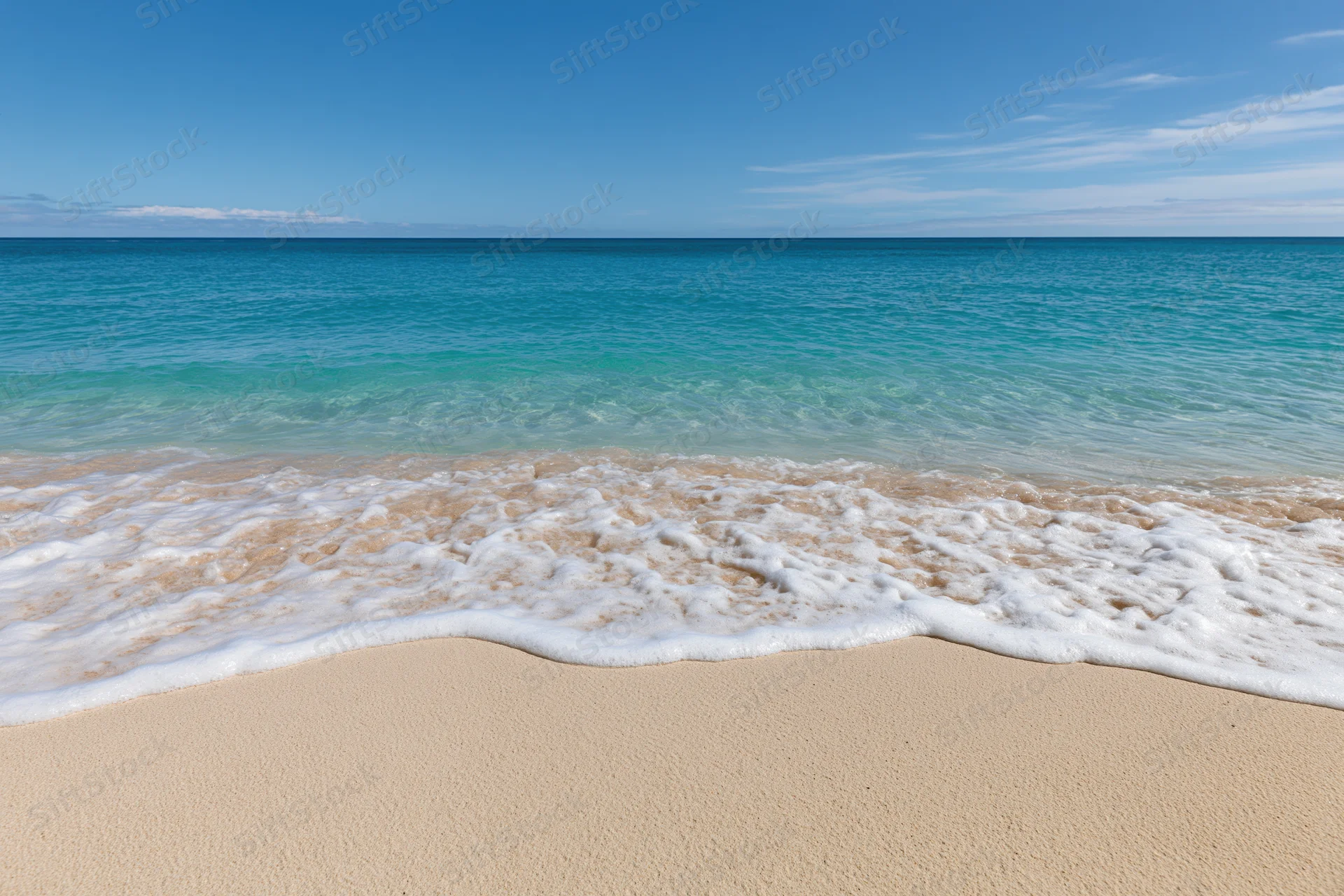 Gentle waves with white foam rolling onto golden sand under clear blue sky