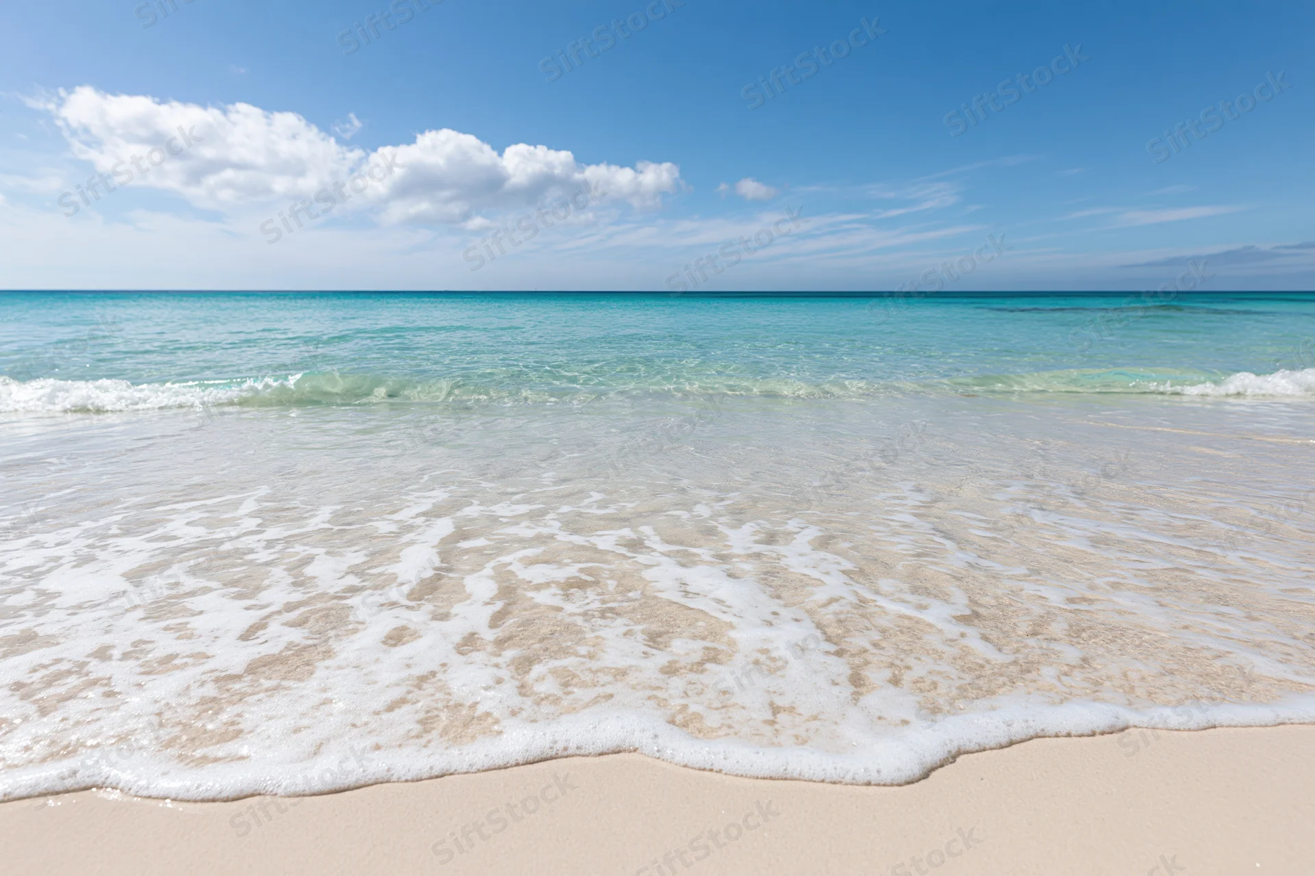 Gentle waves rolling onto a sandy beach under a clear blue sky