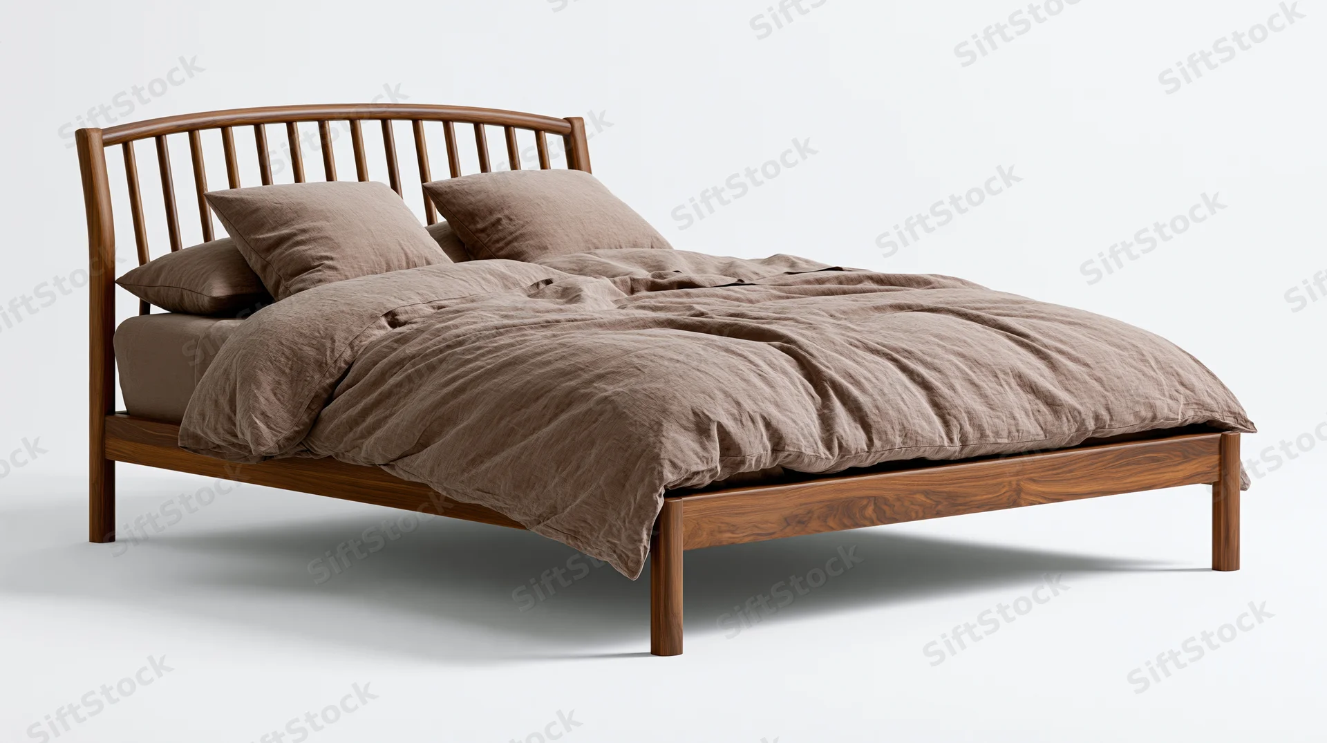 Wooden bed with brown linen bedding and slatted headboard on white background