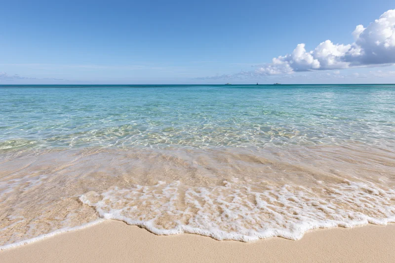 Gentle waves rolling onto a sandy beach under a clear blue sky