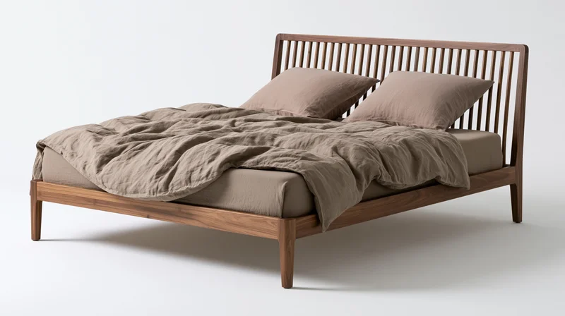 Wooden bed with slatted headboard and beige bedding on white background
