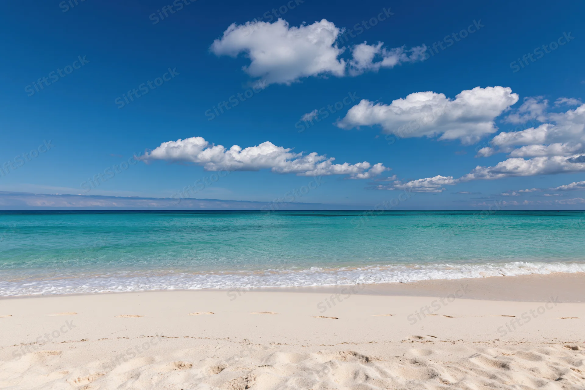 White sandy beach with turquoise ocean waves under blue sky with scattered clouds