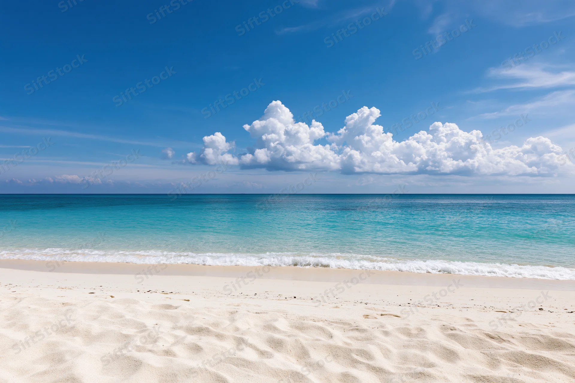 Sandy beach with turquoise ocean waves under a blue sky with white clouds