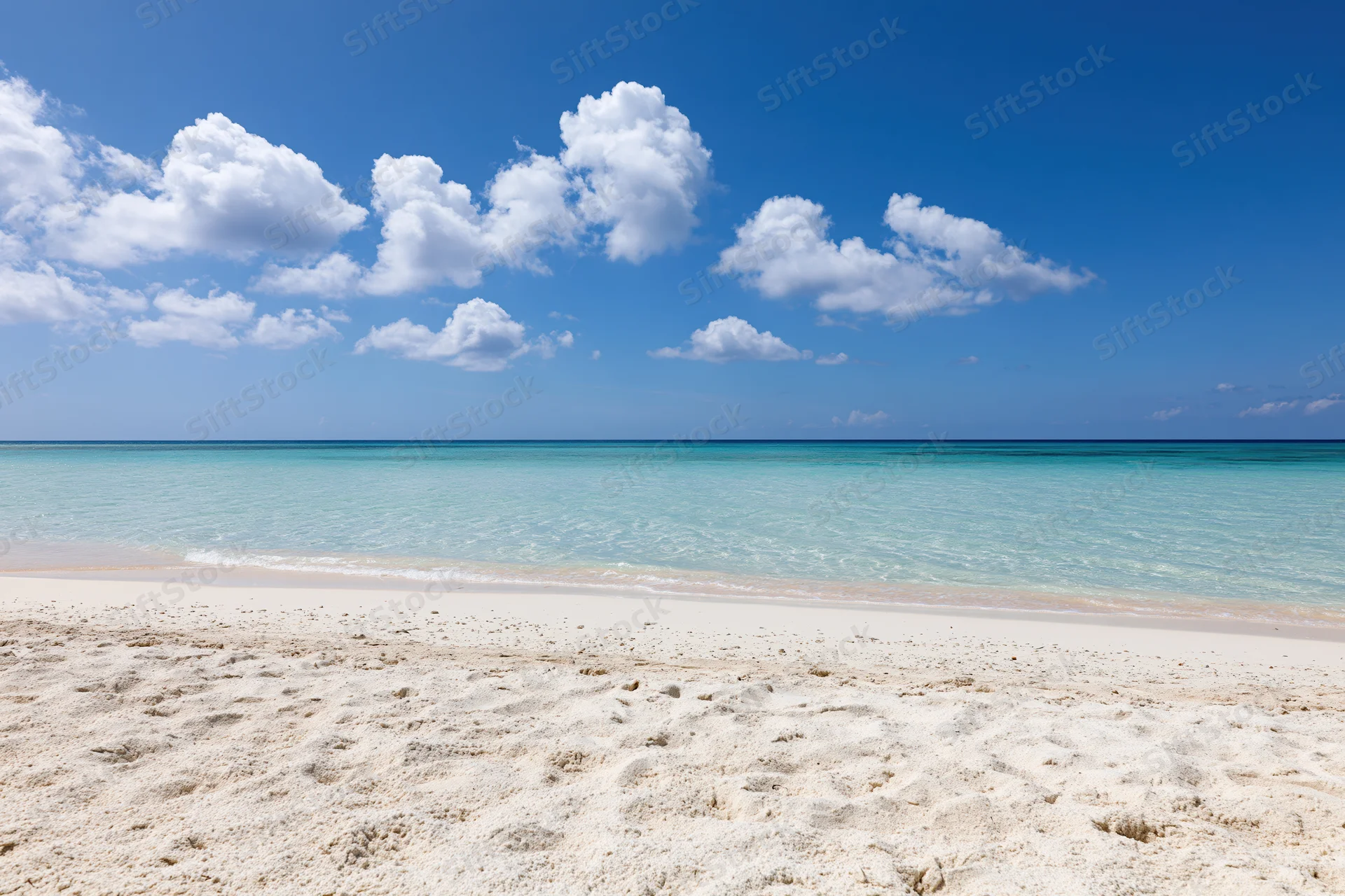 White sandy beach meeting turquoise ocean under bright blue sky with scattered clouds