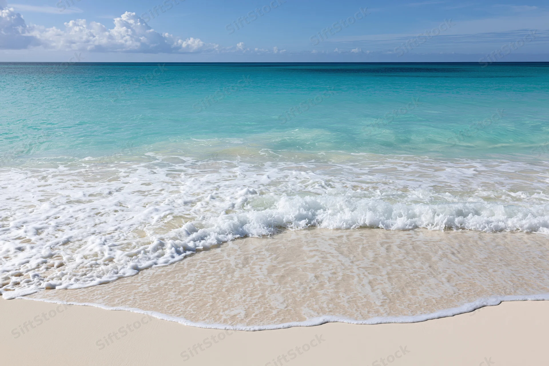 Gentle waves rolling onto a sandy beach under a clear blue sky