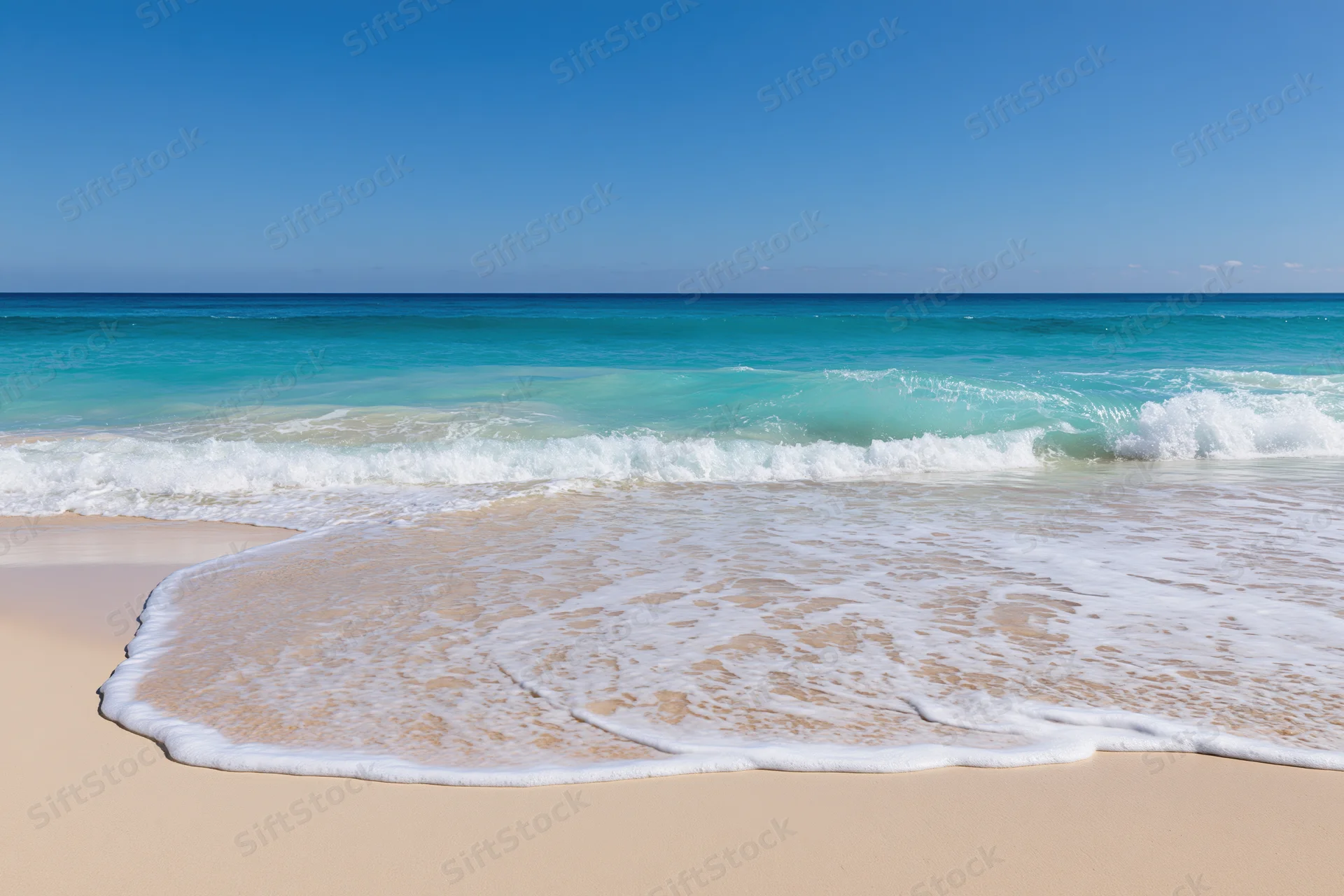 Gentle waves rolling onto a sandy beach under a clear blue sky