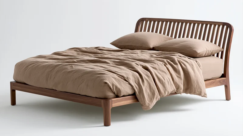 Wooden bed with slatted headboard and beige bedding on white background