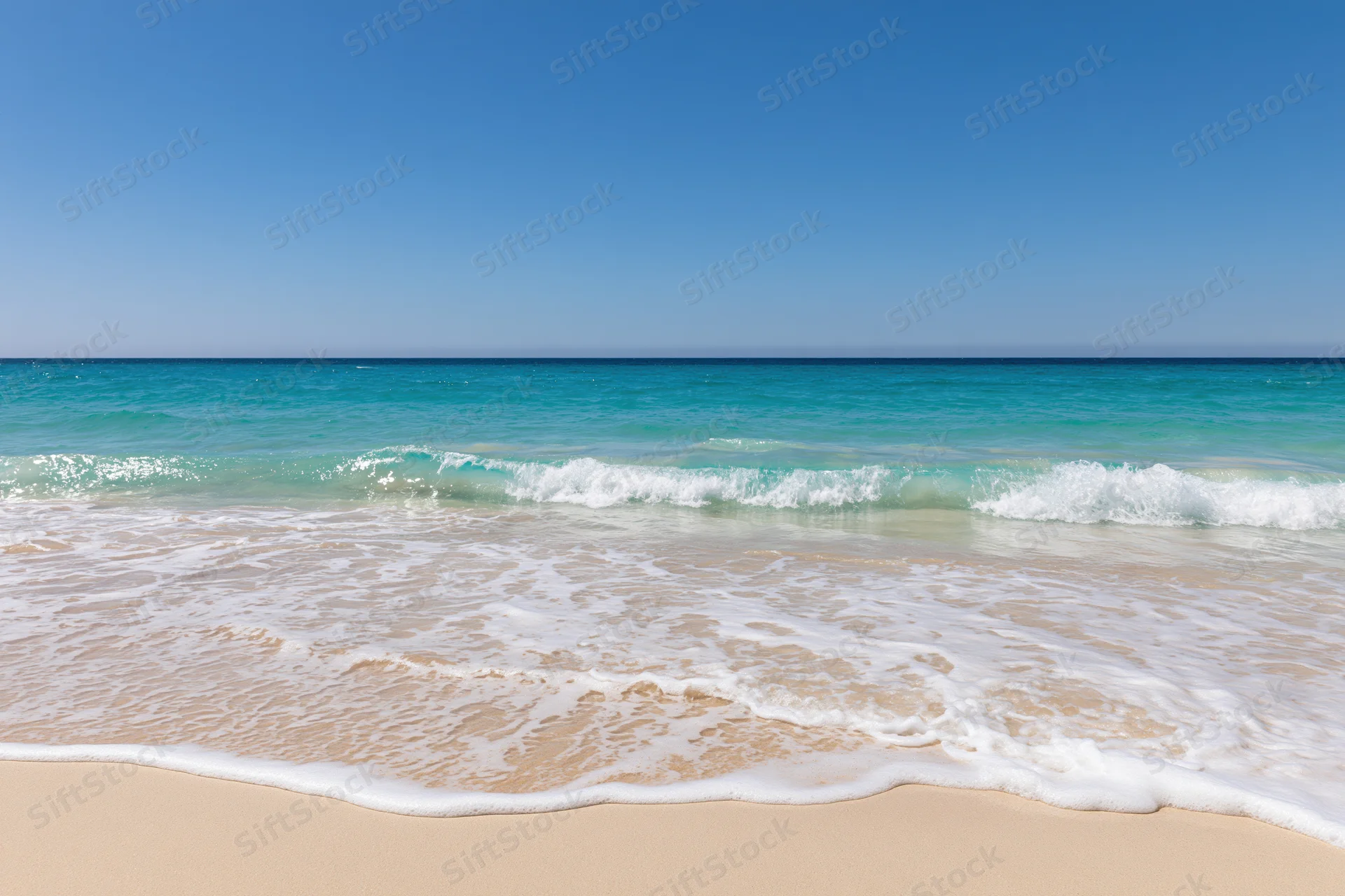 Gentle waves rolling onto a sandy beach under a clear blue sky