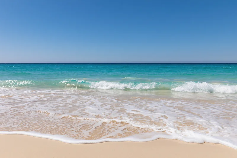 Gentle waves rolling onto a sandy beach under a clear blue sky