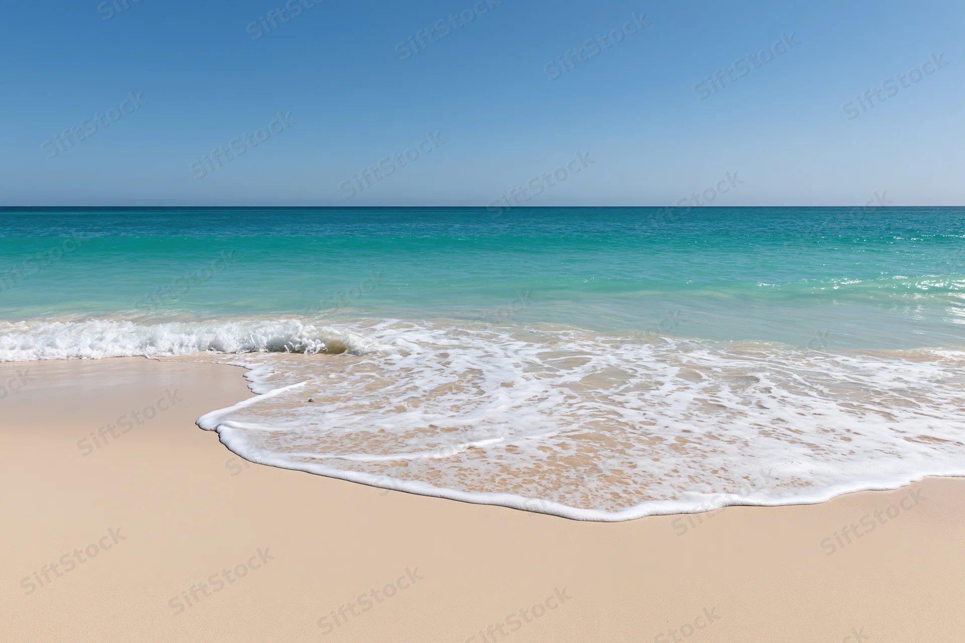 Gentle waves rolling onto a sandy beach under a clear blue sky