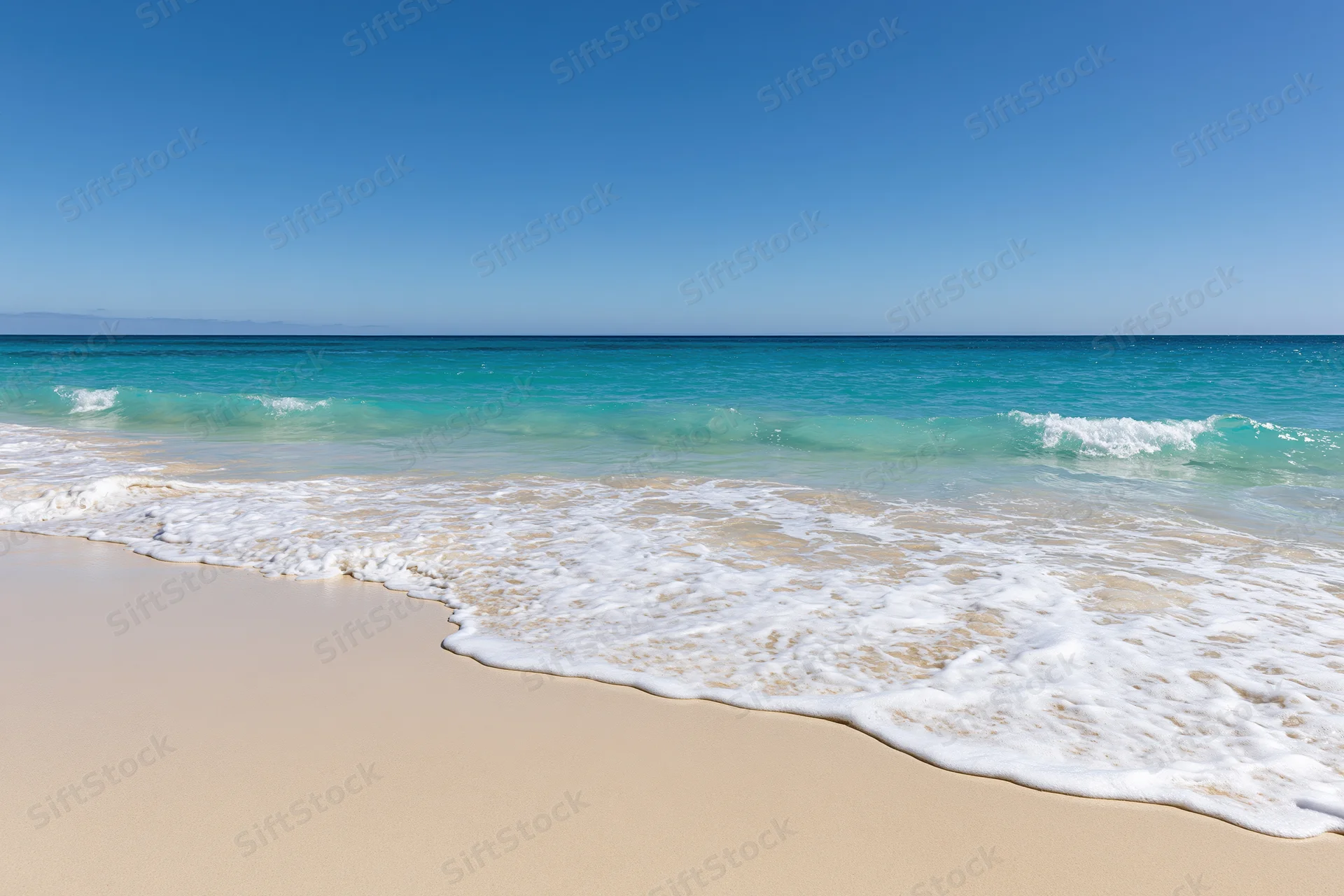 Gentle waves rolling onto a sandy beach under a clear blue sky