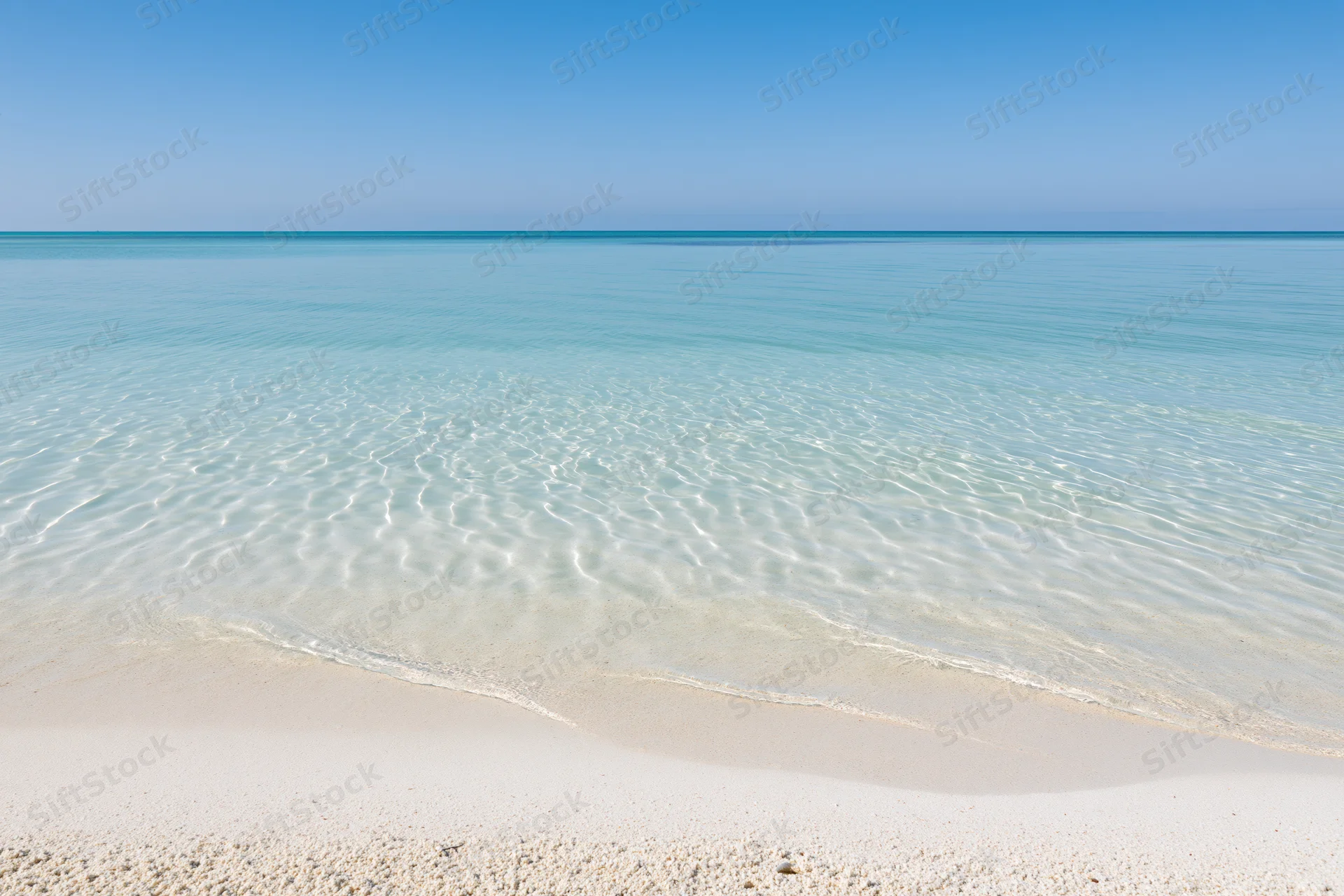 Calm turquoise ocean water meeting white sand beach under clear blue sky