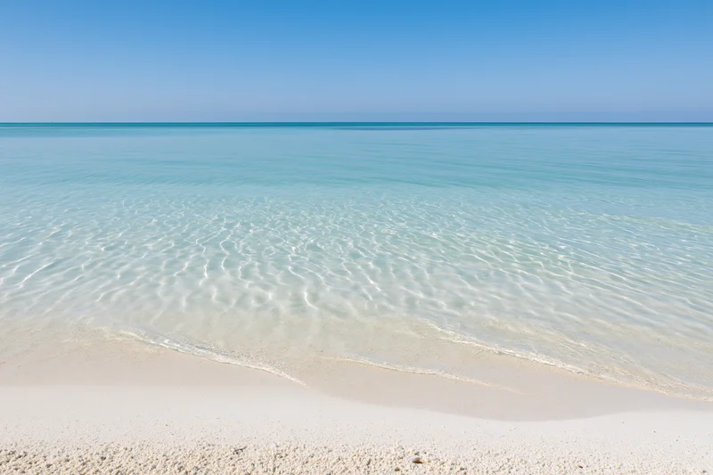 Calm turquoise ocean water meeting white sand beach under clear blue sky