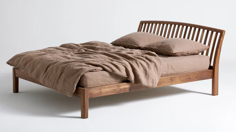 Wooden bed with slatted headboard and brown linen bedding on white background