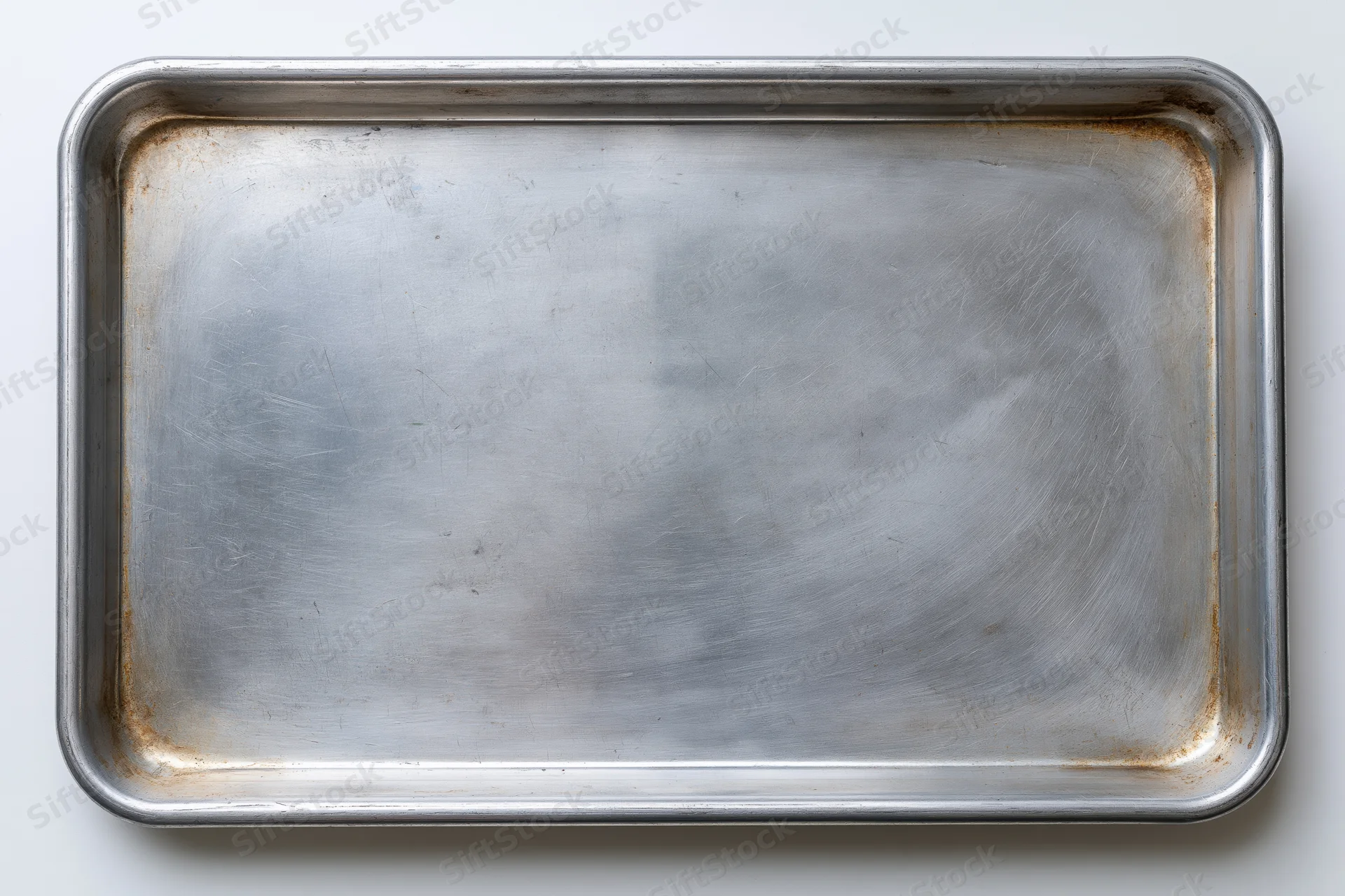 Rectangular metal baking pan with signs of use on a white surface