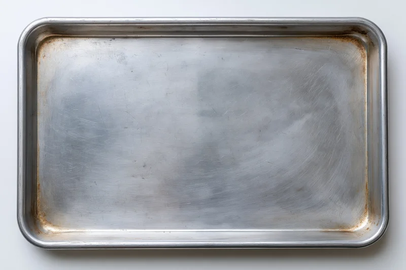 Rectangular metal baking pan with signs of use on a white surface