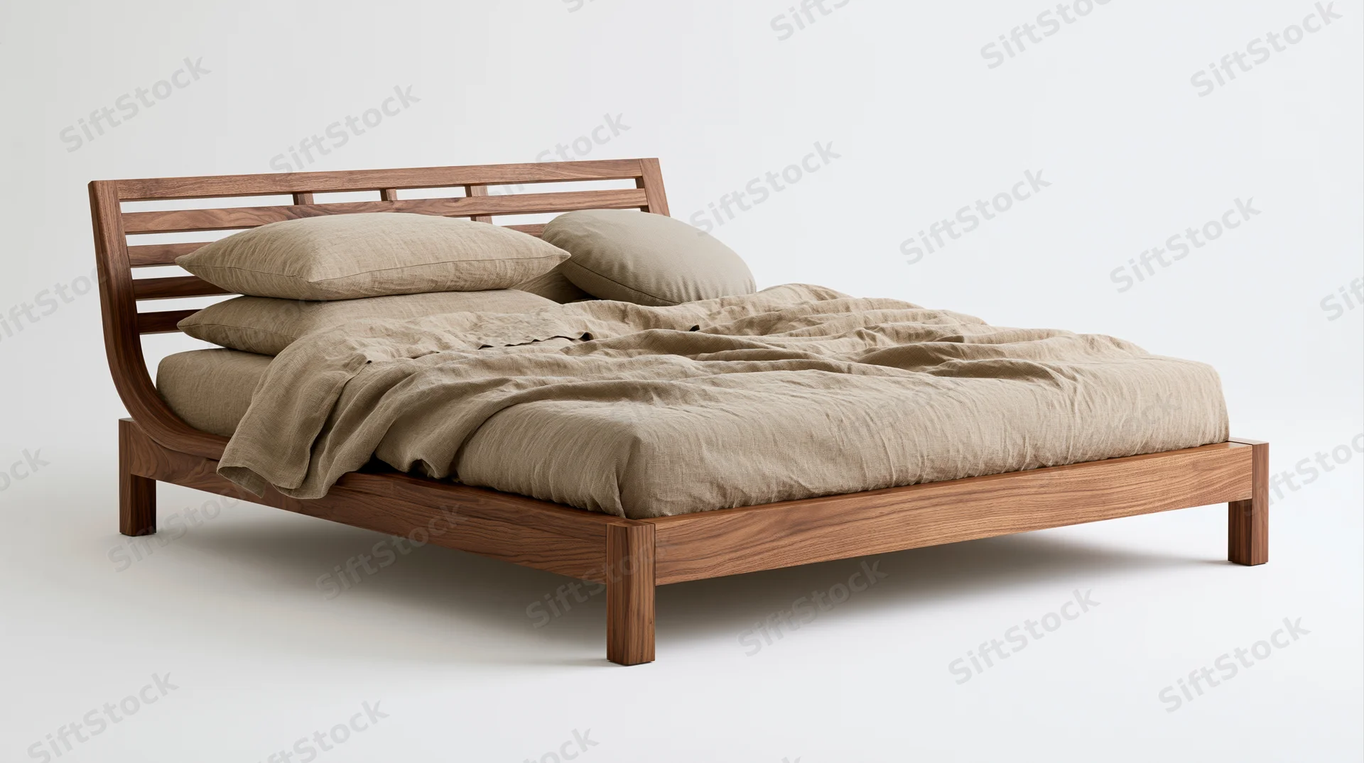 Wooden platform bed with beige linen bedding on white background