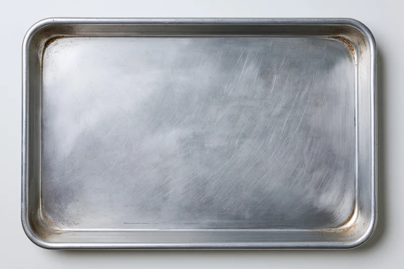 Rectangular metal baking pan with scratched surface and rusted edges on white background