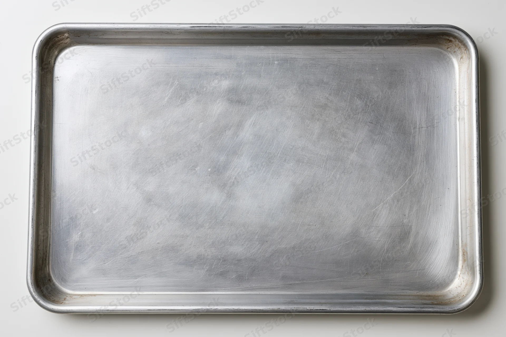 Rectangular metal baking tray with brushed surface and rim, isolated on white background