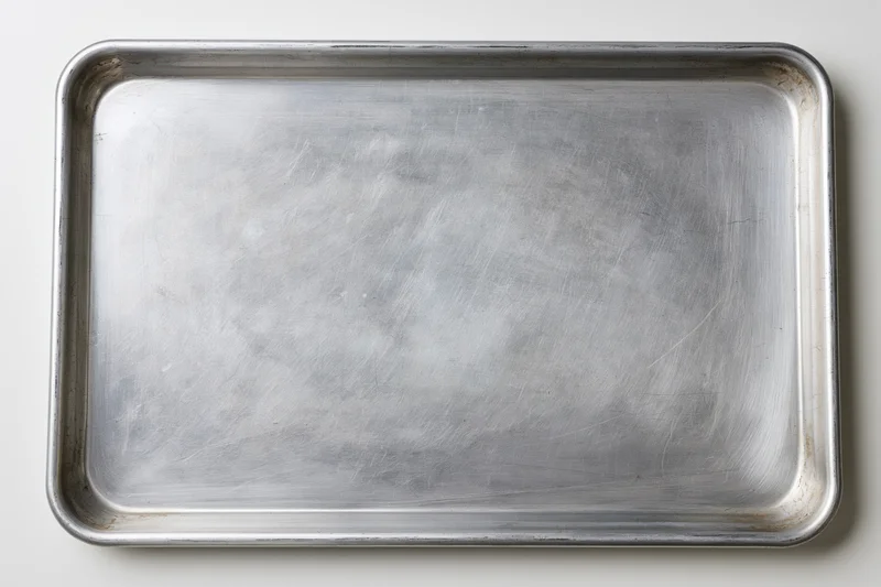 Rectangular metal baking tray with brushed surface and rim, isolated on white background