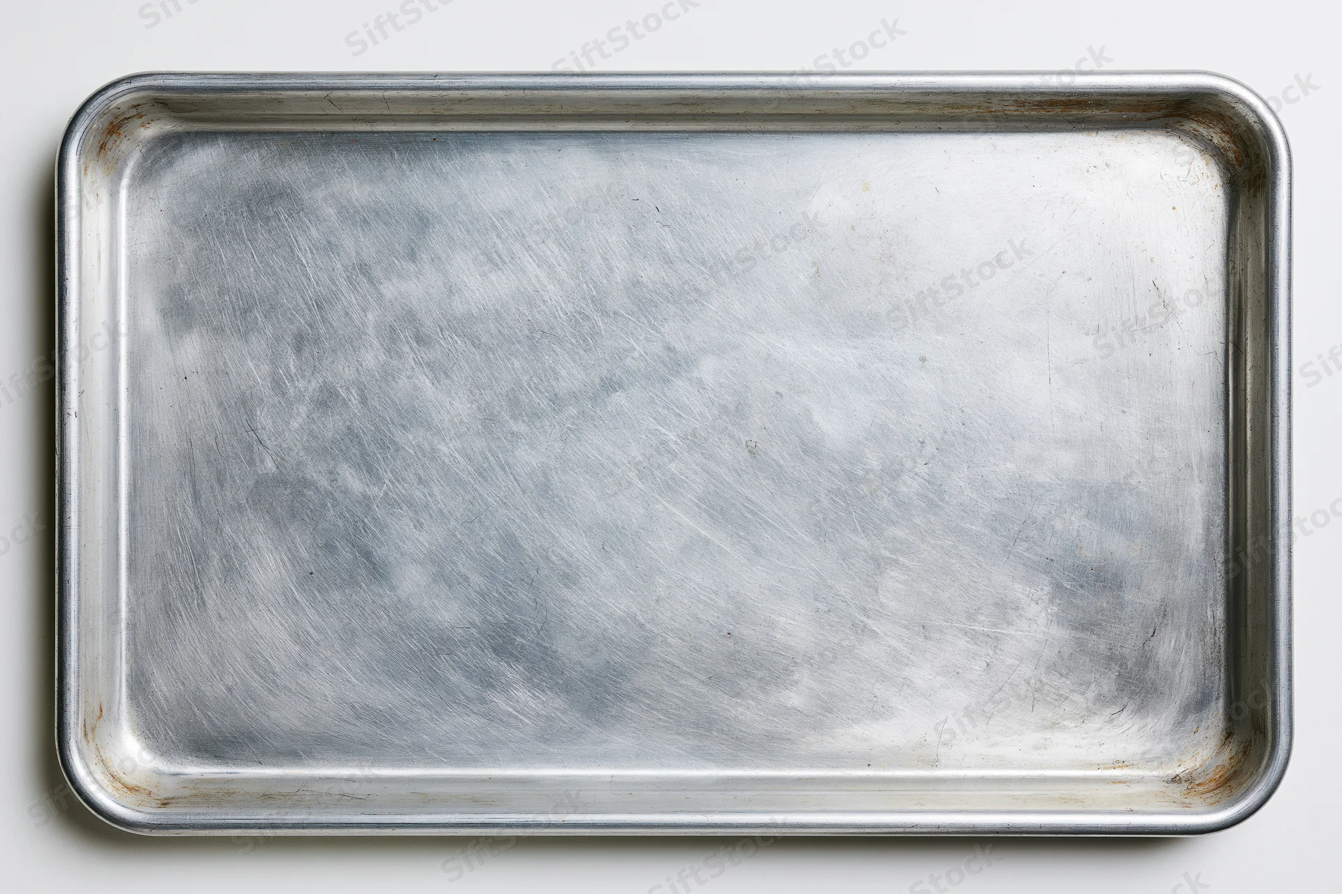 Empty metal baking tray with scratches and wear on white background