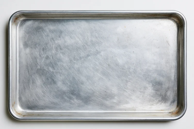 Empty metal baking tray with scratches and wear on white background