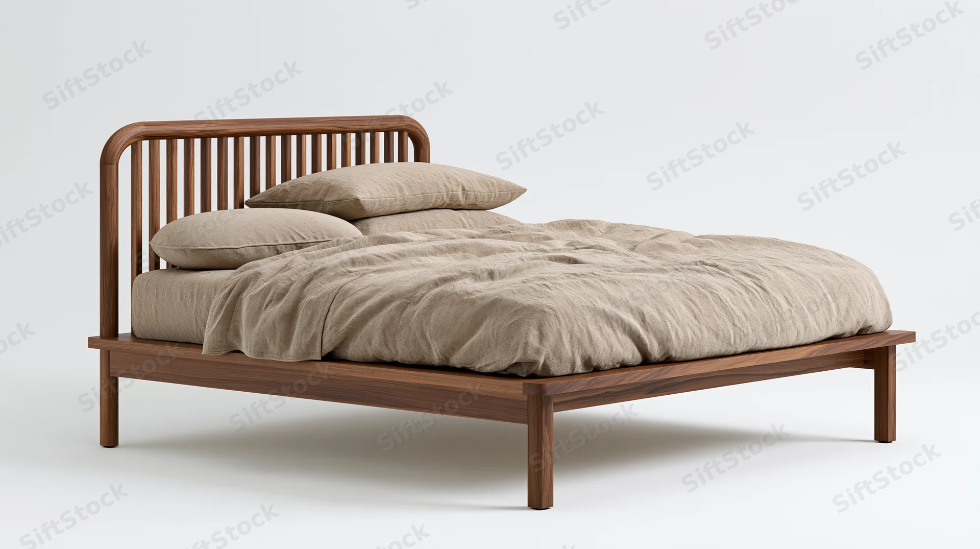 Wooden platform bed with beige bedding and slatted headboard on white background