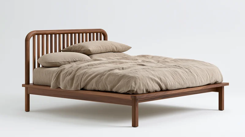 Wooden platform bed with beige bedding and slatted headboard on white background