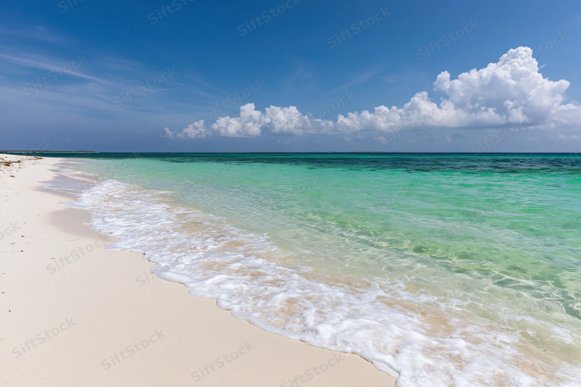 Gentle waves rolling onto a white sandy beach under a clear blue sky with scattered clouds