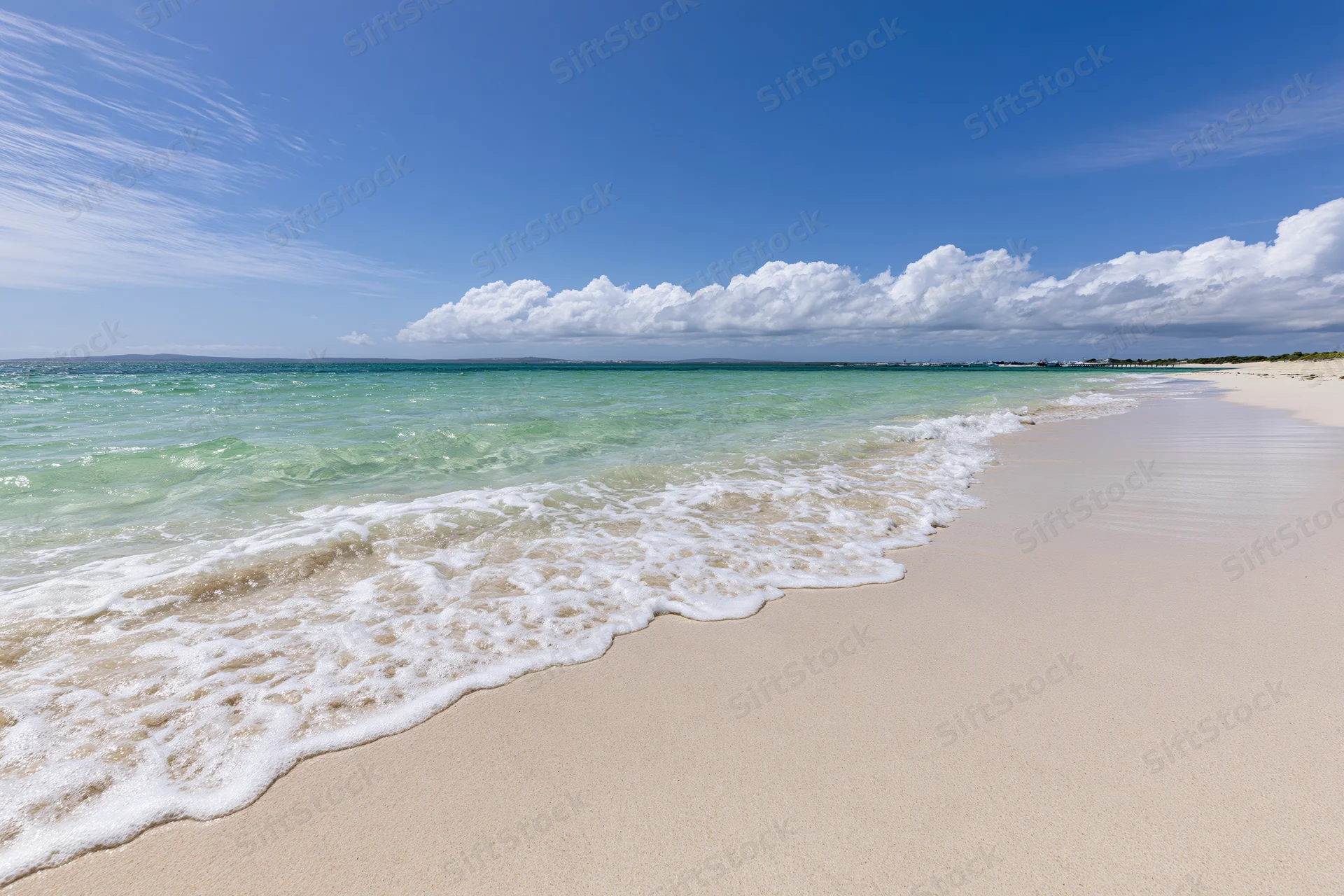 Gentle waves rolling onto a sandy beach under a clear blue sky with scattered clouds