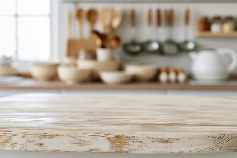 Wooden countertop in a rustic kitchen with cooking utensils and shelves in the background