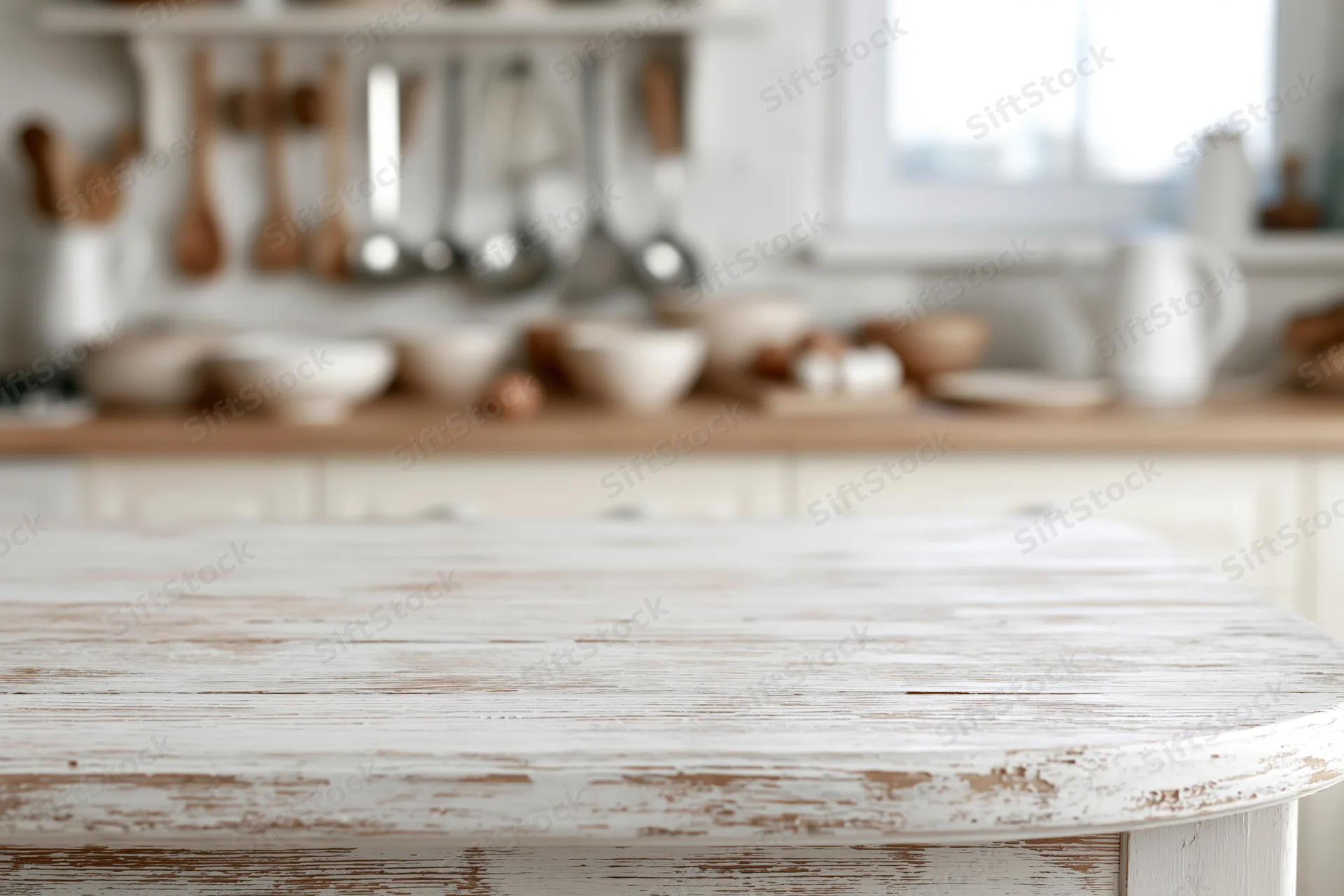 White distressed wooden kitchen table in a rustic farmhouse interior with utensils and shelves in background