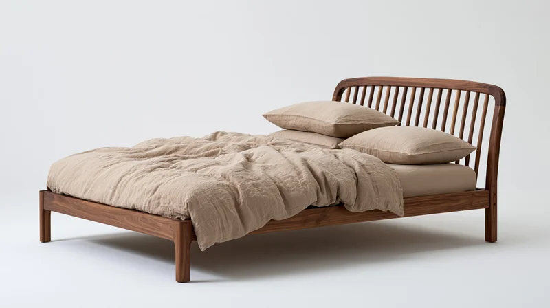 Wooden bed with beige bedding and slatted headboard on white background