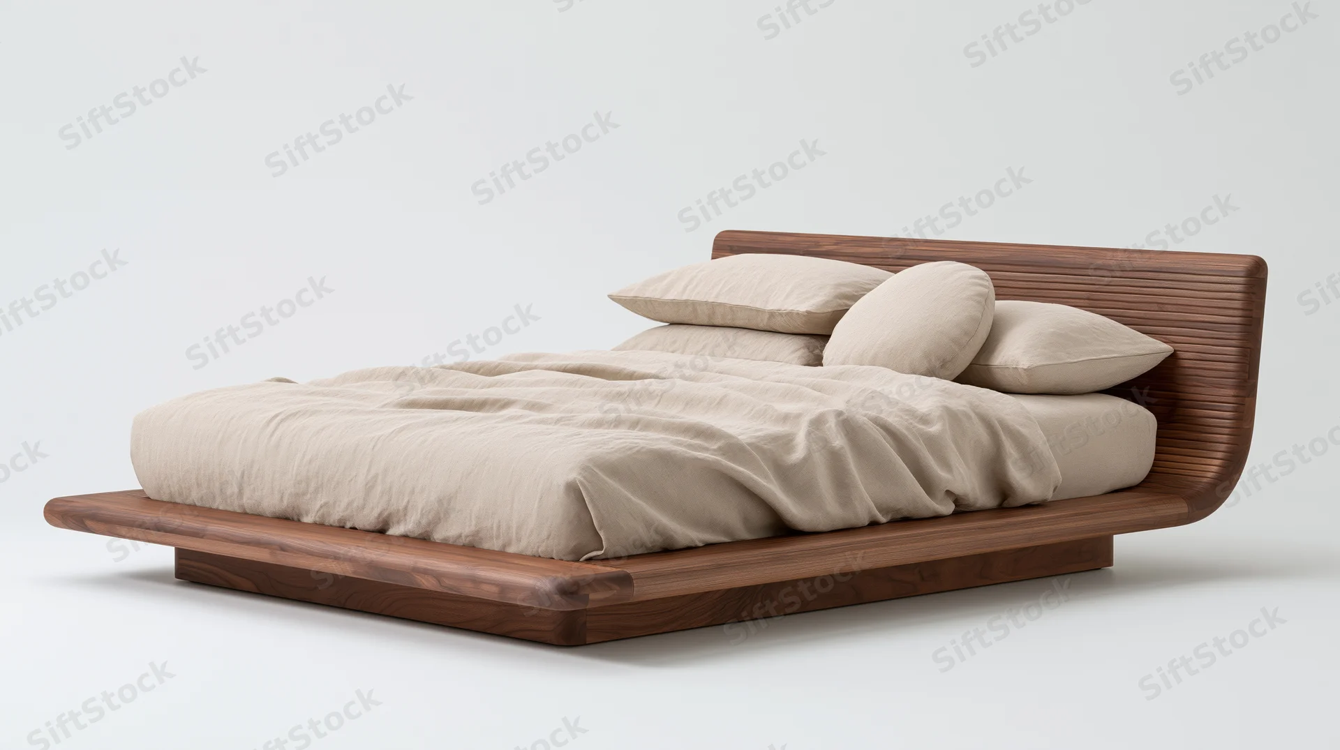 Modern wooden platform bed with beige bedding and curved headboard on white background