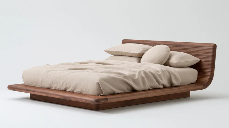 Modern wooden platform bed with beige bedding and curved headboard on white background