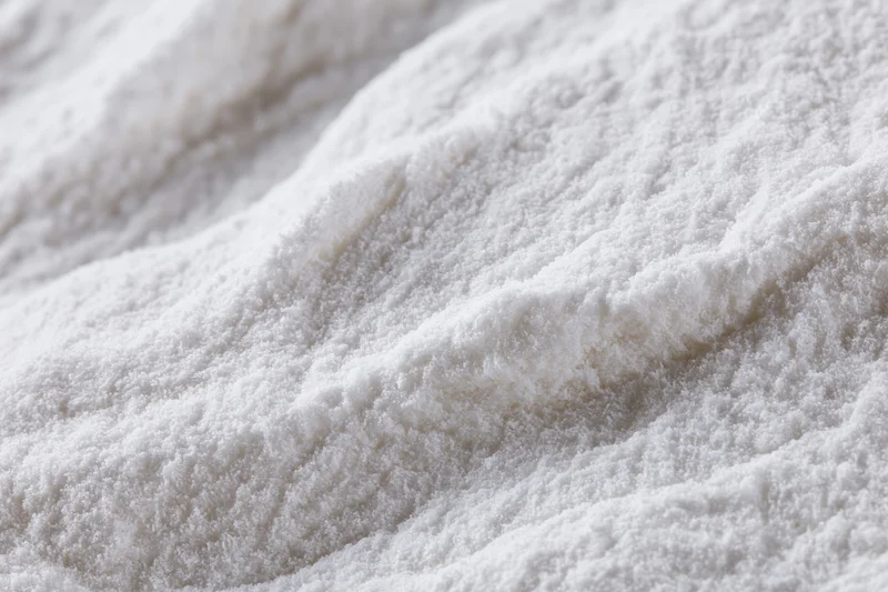 Closeup of white powder with soft fluffy texture filling the frame