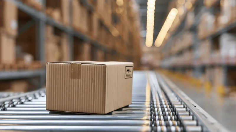 Cardboard box on conveyor belt in warehouse aisle