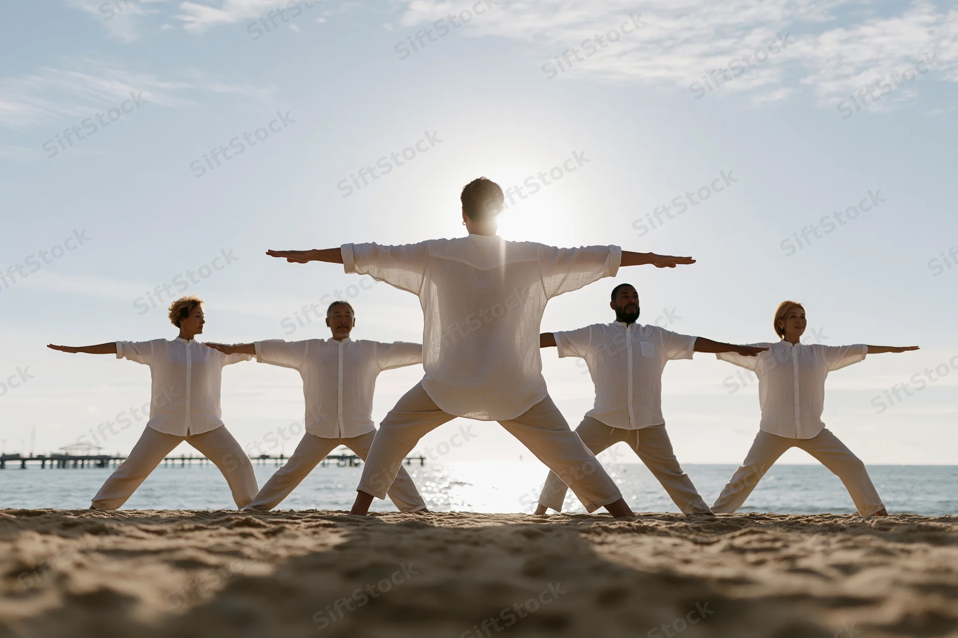 Group practicing yoga in warrior pose on sandy beach at sunrise
